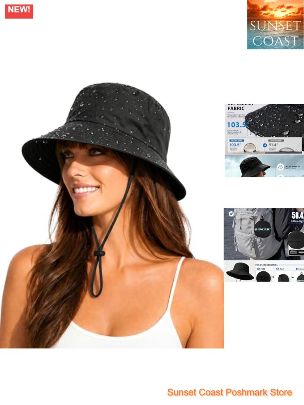 Water-Resistant UPF 50+ Packable Bucket Sun Hat with Chin Cord - Nylon Brimmed